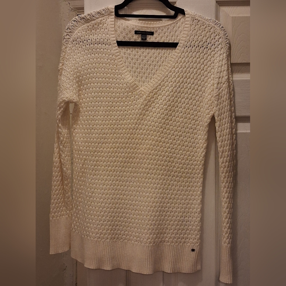 American Eagle Outfitters Ivory Open-Knit V-Neck Sweater